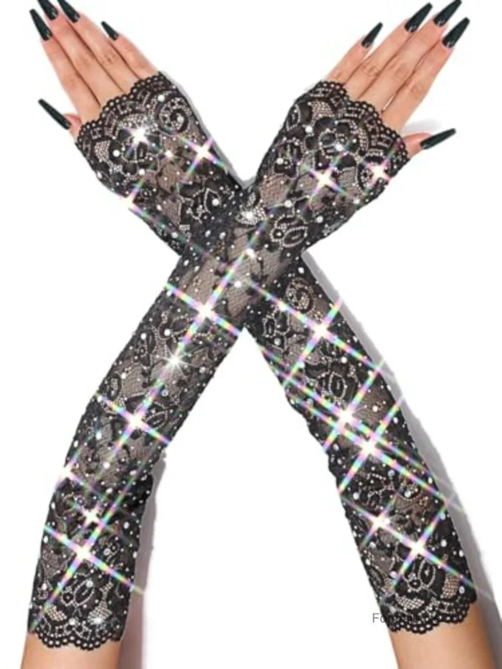 Fingerless Gloves Rhinestone Crystal Sheer Elbow Length Stretchy